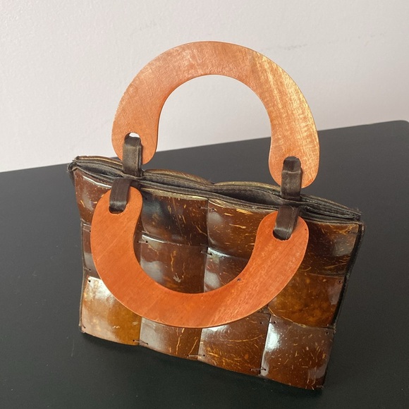 HANDCRAFTED Coconut Shell Patchwork Handbag Purse Satchel Wooden Handles - Picture 5 of 17